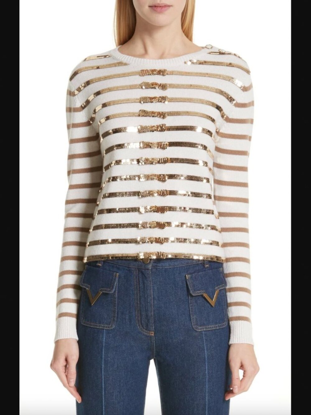 $3000 Valentino Ivory Gold Stripe Sequin Button Sailor Bow Sweater size Small
